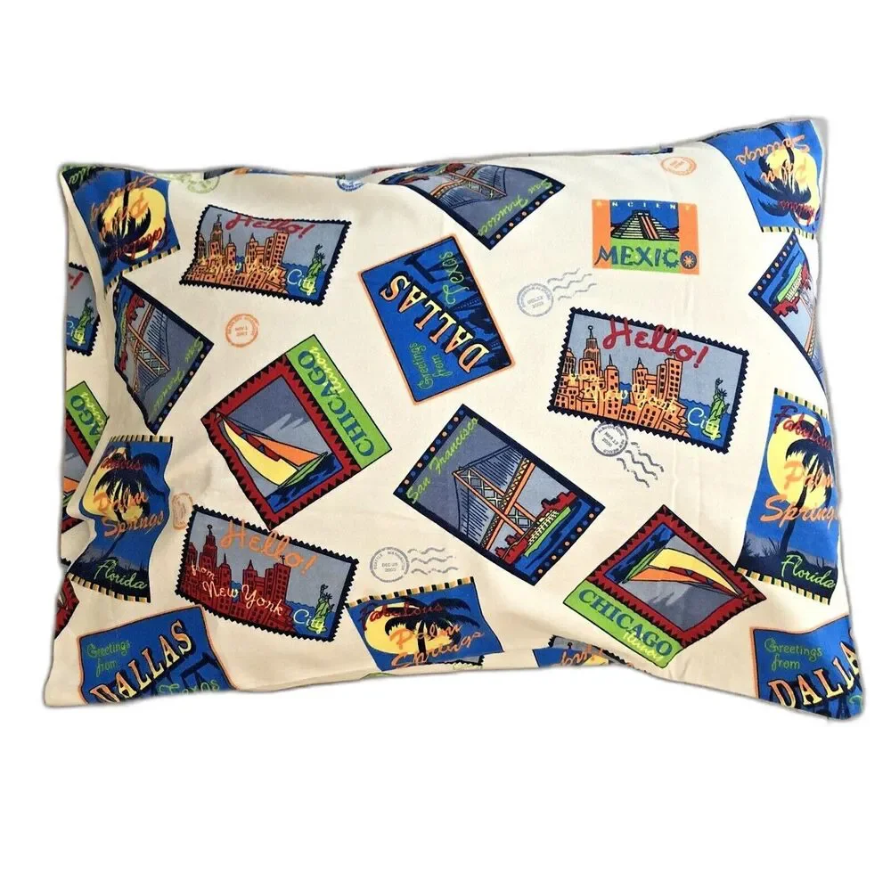 JCPenney Flannel Pillow Cases Retro USA Travel Postcard Queen Sz Retro Set of 2